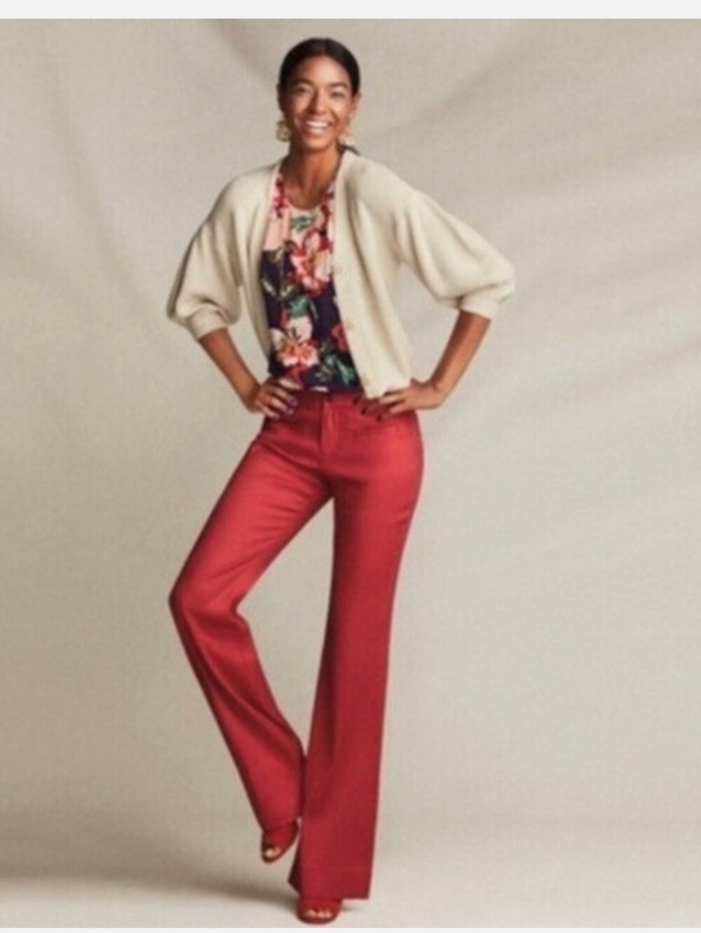 CAbi Valentine Trouser Wide-Leg High-Rise Red Linen Blend Size 6